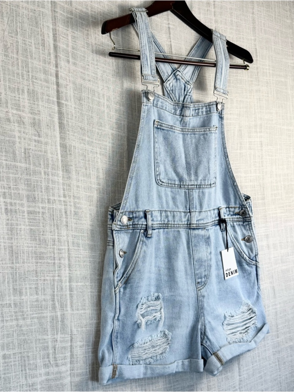 Refuge Denim Distressed Overall Shorts Light Wash Y2K Festival Bib L - Picture 3 of 14